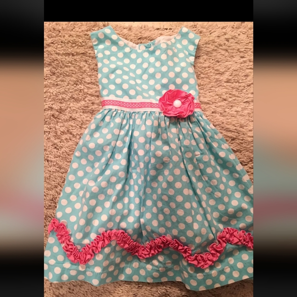 Rare, Too! Blue/White Polkadots with Pink Accents and FlowerSleeveless Sundress